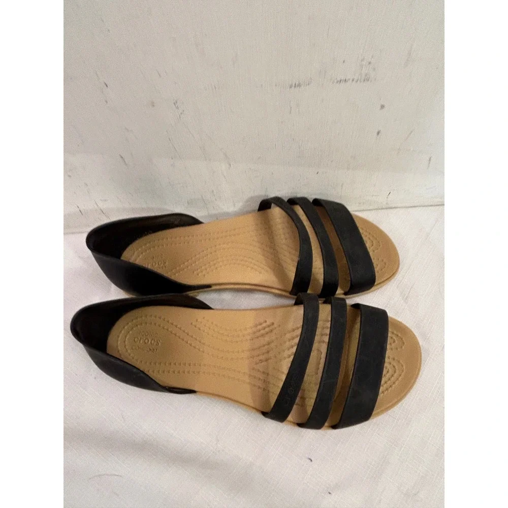 Crocs Tulum Open Toe Sandals Size 9 Black Tan Strappy Comfort Womens